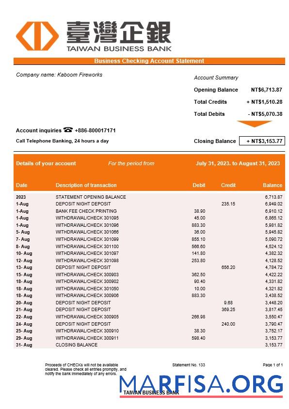 Blank Taiwan Business Bank statement Word and PDF template